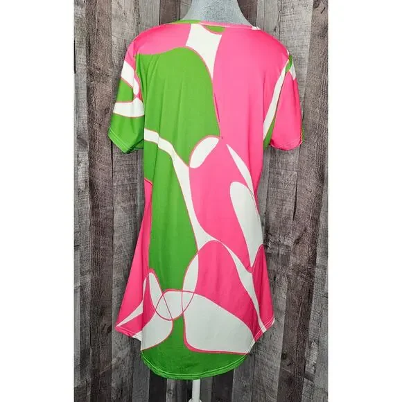 LILY by FIRMIANA Short Sleeve DRESS Geometric Green Pink Women's size Large - Picture 2 of 5